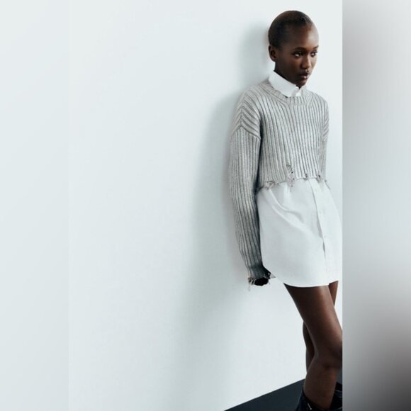 Zara ZW Collection CONTRAST TRIM KNITTED POLO SWEATER Silver / Metallic Size L - Picture 5 of 16